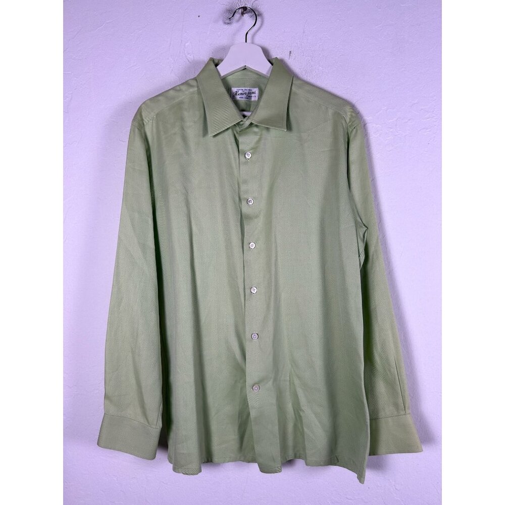 Hemrajani Custom Tailored Mens Green Long Sleeve Button-Up Shirt Office Wear
